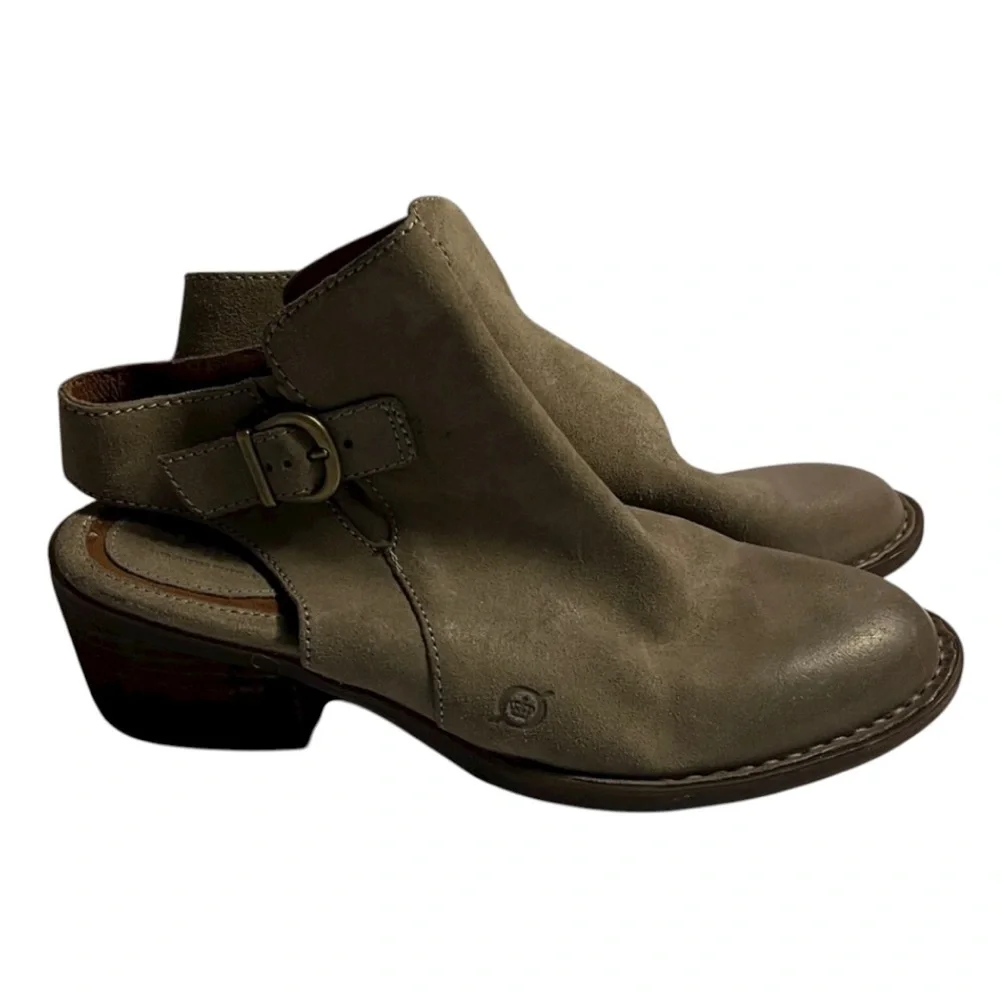 Born Margrit Women’s Sz 8.5 Taupe Suede Booties Open Slingback Buckle Heels Shoe